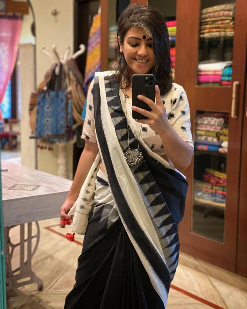 White & black elegant linen saree with digital print