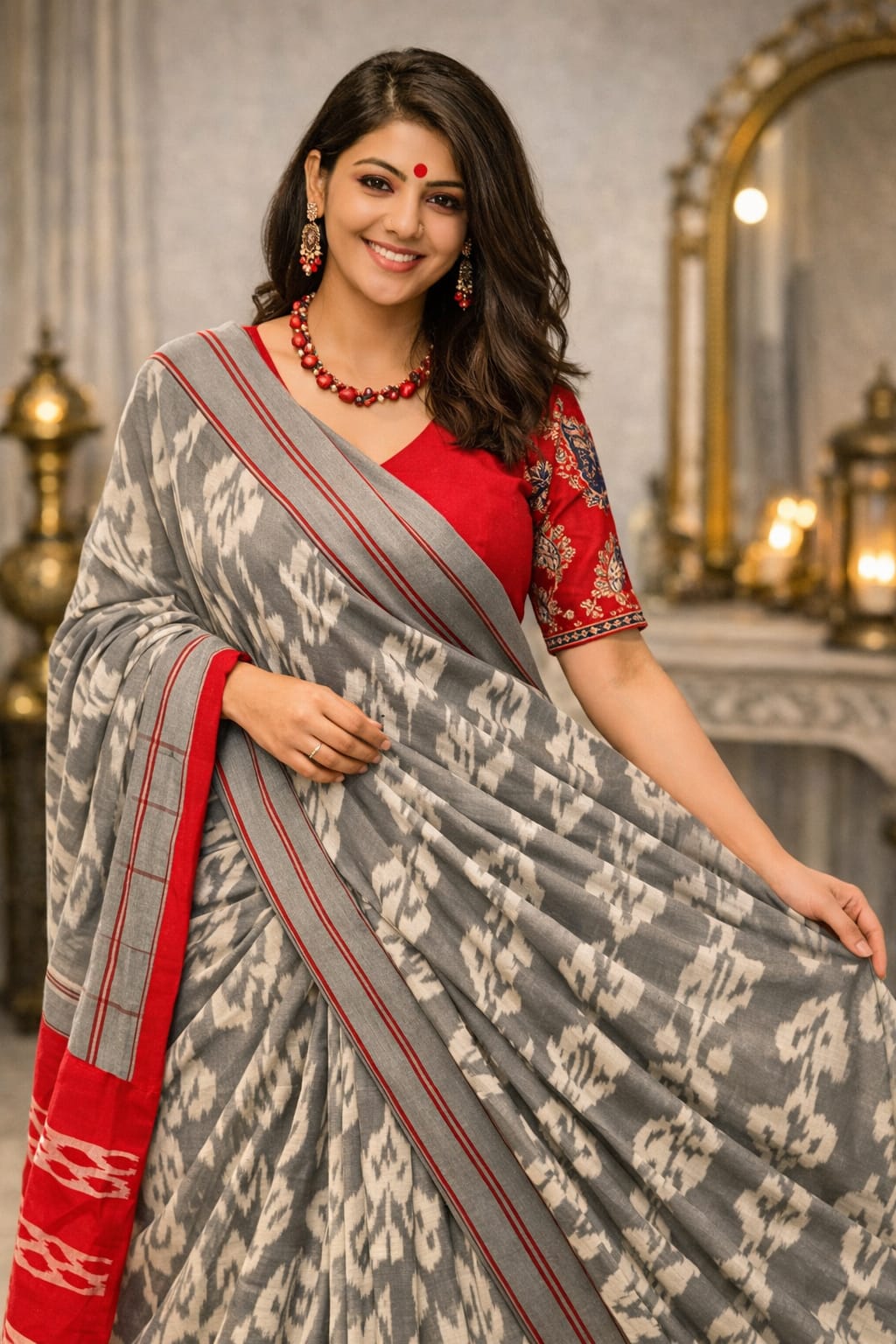 Grey linen saree with Red border