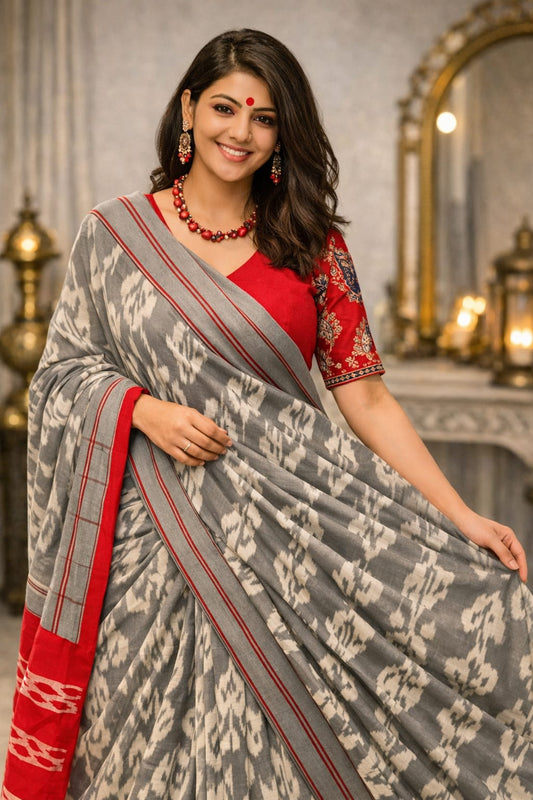 Grey linen saree with Red border