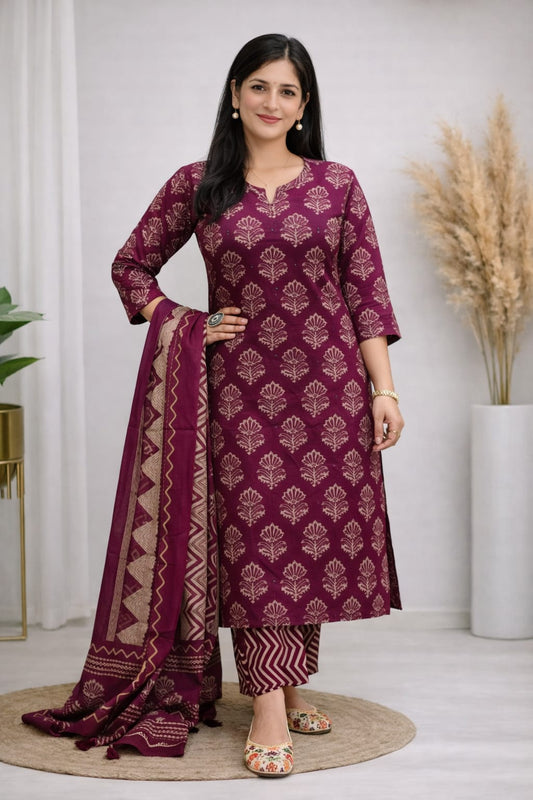 Cotton Jaipuri Suit (Orange] (Purple]