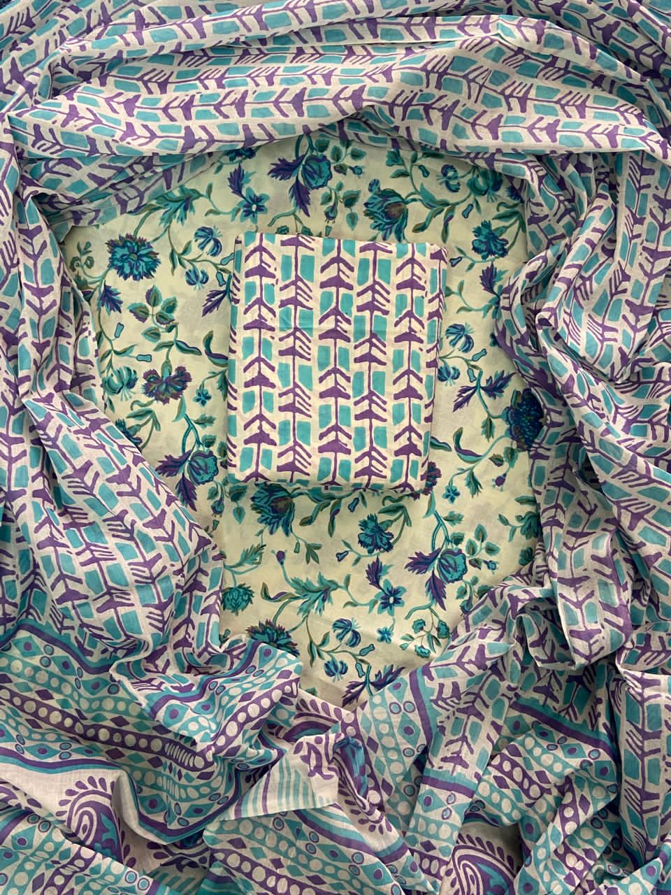 Cambric Cotton Unstitched Suit Length -Soft & Elegant [Green Floral ]