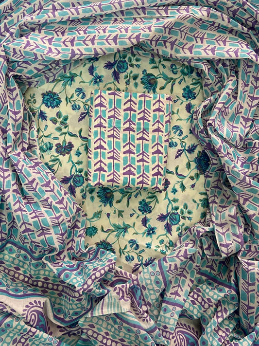 Cambric Cotton Unstitched Suit Length -Soft & Elegant [Green Floral ]