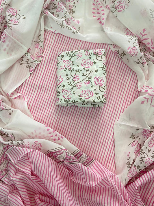 Cambric Cotton Unstitched Suit Length -Soft & Elegant (Pink & White]