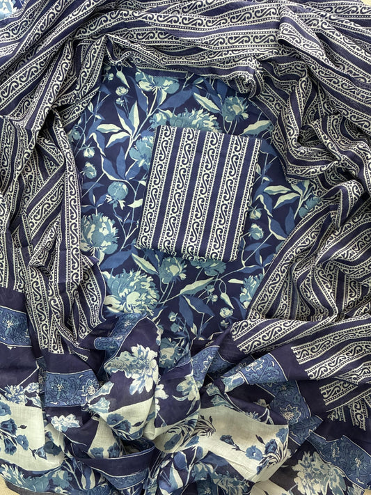 Cambric Cotton Unstitched Suit Length -Soft & Elegant (Blue & Grey]