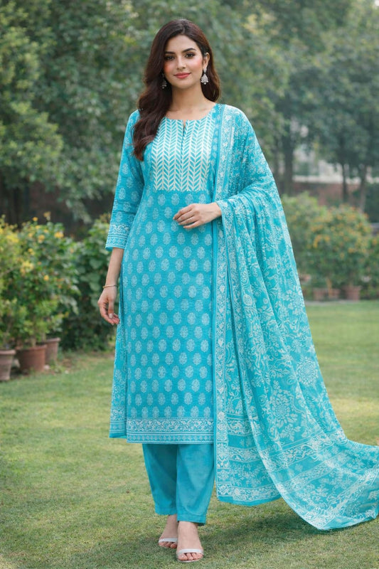 Cambric Cotton Unstitched Suit Length -Soft & Elegant (Aqua Blue]