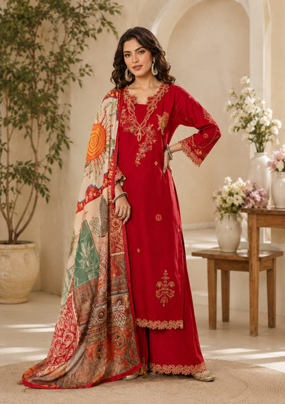 Red & Coffee Brown German Rayon Embroidered Suit Set