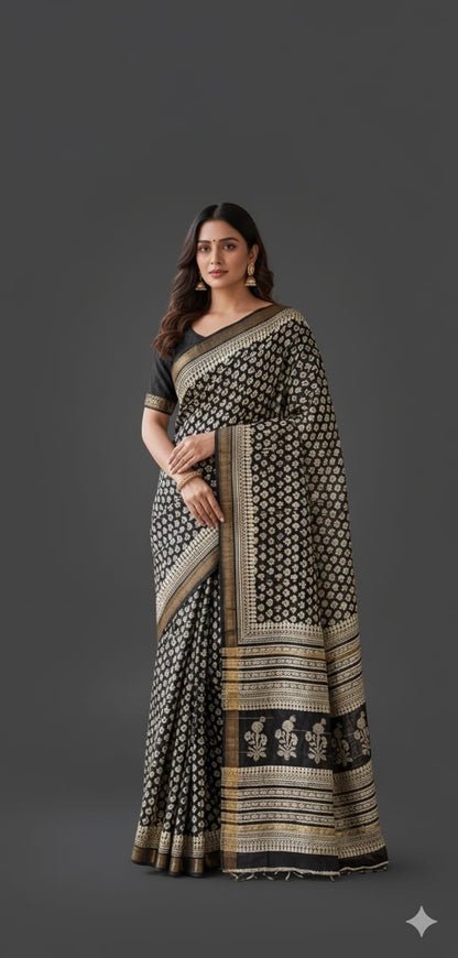 Black Saree With Golden Border
