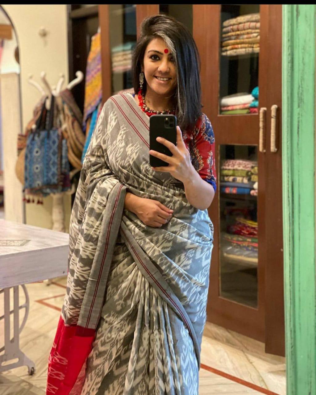 Grey linen saree with Red border
