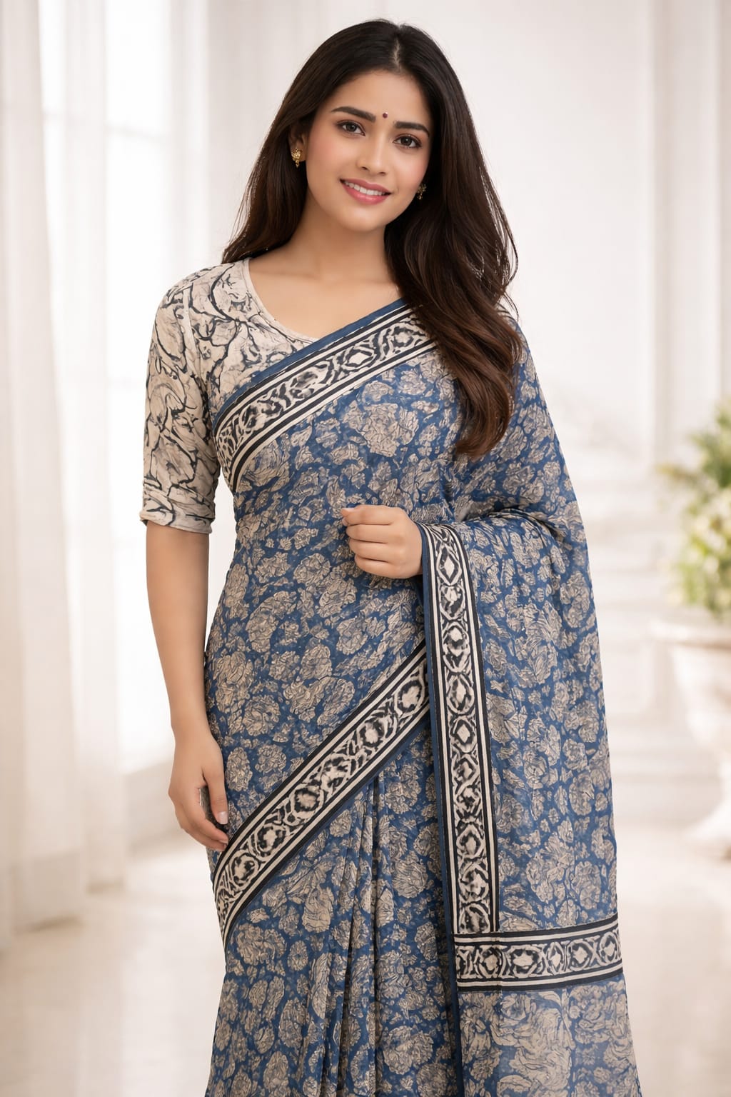 Pure Malmal cotton saree(navy,gold)
