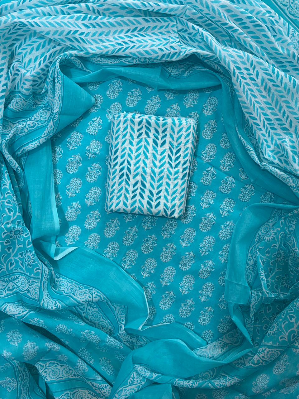 Cambric Cotton Unstitched Suit Length -Soft & Elegant (Aqua Blue]