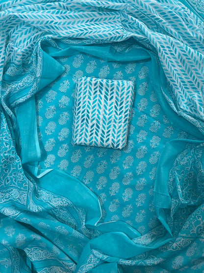 Cambric Cotton Unstitched Suit Length -Soft & Elegant (Aqua Blue]