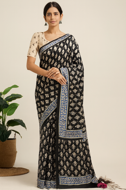 Pure Malmal cotton saree(Black)